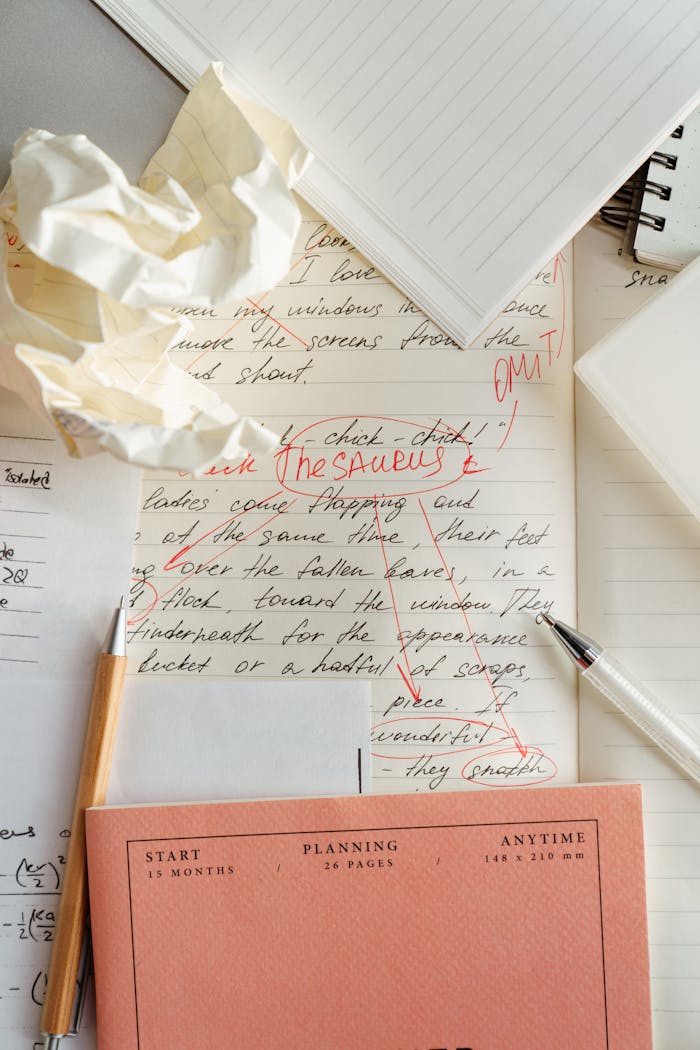 Close-up of a crumpled paper and notebook on a messy desk. Ideal for illustrating writing and editing concepts.